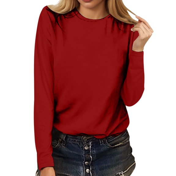 Women's Tee with Long Sleeves Crew Neck Casual Solid Color Shirts 2026 Spring Summer Tops