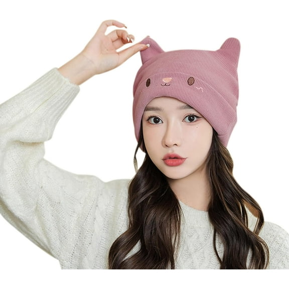 Women's Teen Girls Knitted Cat Kitty Cuffed Beanie Hat Winter Outdoor Stretchy Ski Skullies Caps