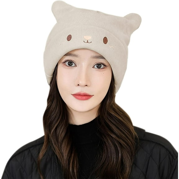 Women's Teen Girls Knitted Cat Kitty Cuffed Beanie Hat Winter Outdoor Stretchy Ski Skullies Caps