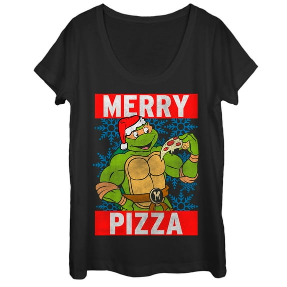Women's Teenage Mutant Ninja Turtles Christmas Merry Pizza Scoop Neck Black Medium