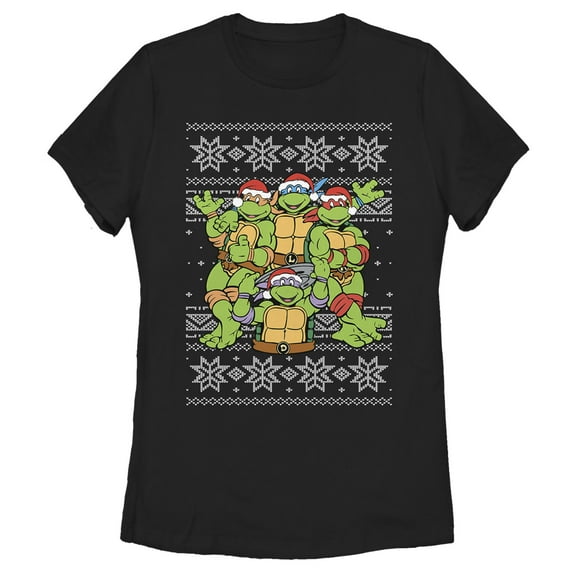 Women's Teenage Mutant Ninja Turtles Ugly Christmas Sweater Graphic Tee Black X Large