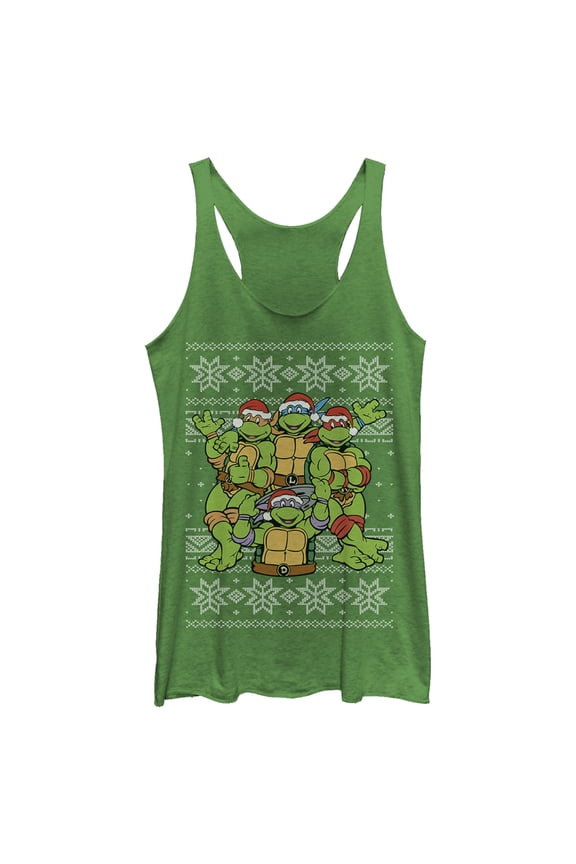 Women's Teenage Mutant Ninja Turtles Ugly Christmas Sweater Racerback Tank Top Envy Green 2X Large