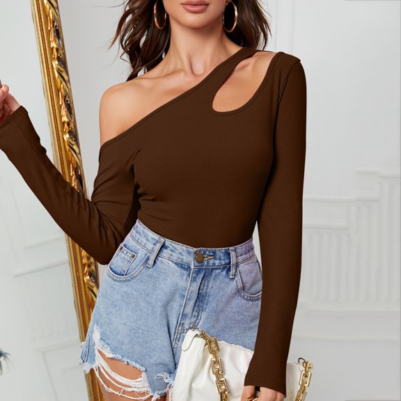 Women's Temperament Slanted Off Shoulder Long Sleeved Irregular Knitted T Shirt With Slim Fit Design And Bottom Layer Top Cute Summer Tops Short Sleeve Running Shirts Women Womens Shirt Women's Shirts