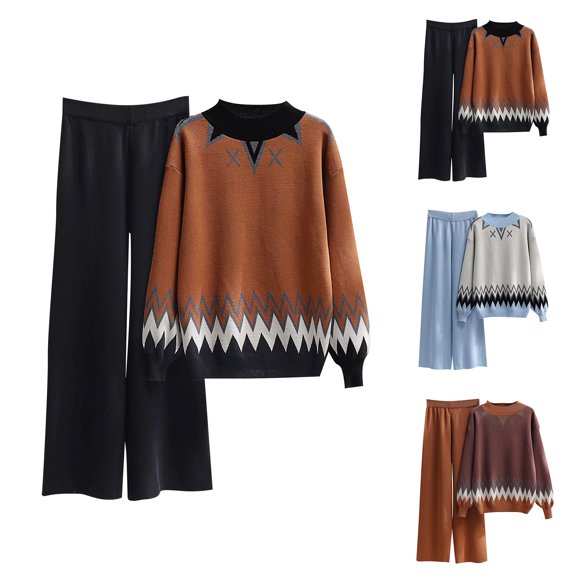 Women's Temperament Two-piece Knitted Suit Loose Sweater Wide Leg Pants for Fall Winter Matching Sets,Black,L