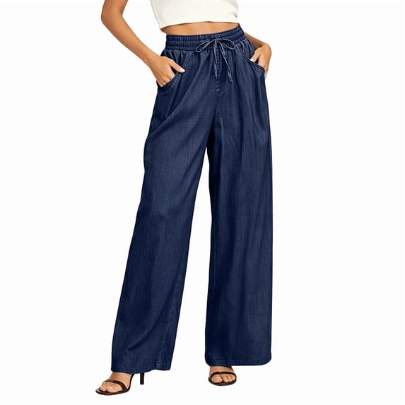 Women's Tencel Denim Wide Leg Pants Drawstring Elastic High Waist Soft Wrinkle Resistant Loose Fit Blue M