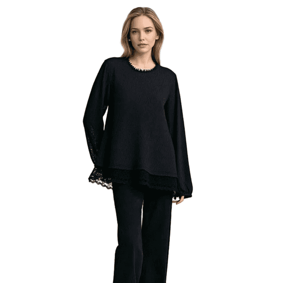 Women's Tencel Embroidered Long Sleeve T-shirt, Black, Size S