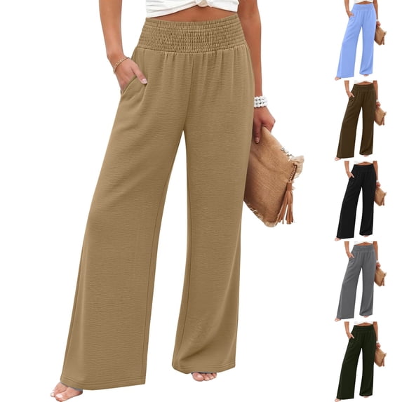 Women's Tencel Loose Wide Leg Pants, Mid Elastic Waist, Tummy Control, Straight Leg Trousers for Casual, Walking, Travel, Office, Lounge, Soft Summer | TruBelle,Army Green L