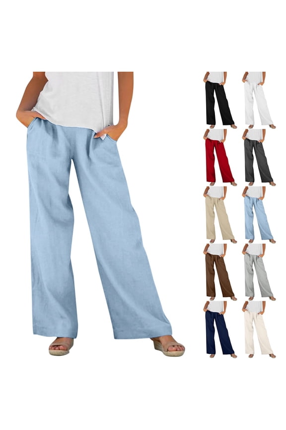 Women's Tencel Loose Wide Leg Pants, Mid Elastic Waist, Tummy Control, Straight Leg Trousers for Casual, Walking, Travel, Office, Lounge, Soft Summer | TruBelle,Beige L