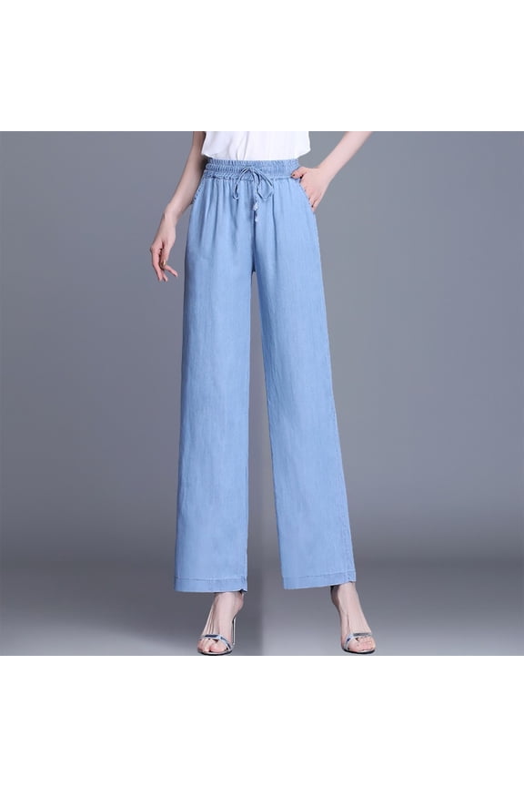 Women's Tencel Wide Leg Jeans High Waisted Straight Denim Pants with Five-Pocket Design Comfort Stretch Breathable Soft Fabric for Casual Wear Light Blue L