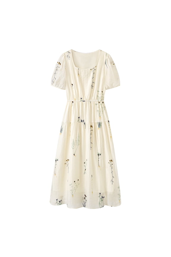 Women's Tiered Midi Dress Puff Sleeve Square Neck Floral Embroidered Cream White