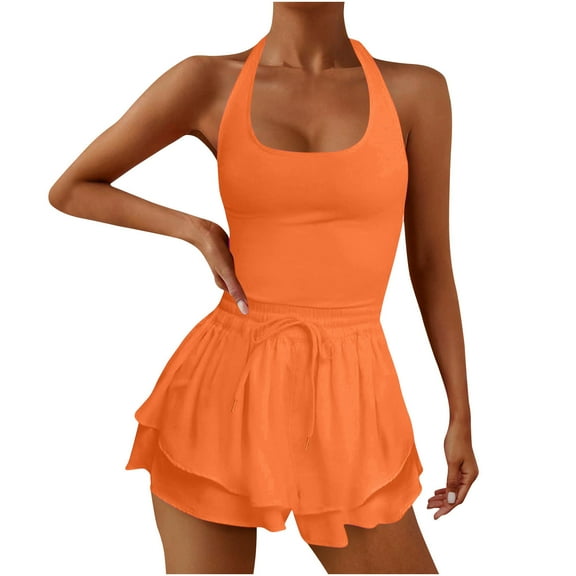 Women's Tennis Jumpsuit Summer Breathable Comfortable Sports Solid Color Sleeveless Outdoor Backcross Jumpsuit Yoga Dress Orange S