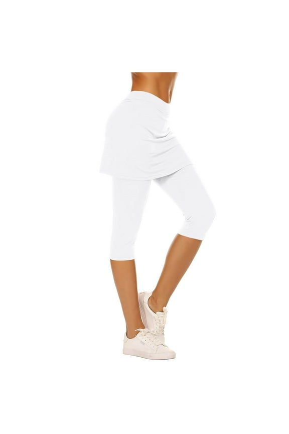 Women's Tennis Skirted Leggings With Pockets, Capris Yoga Leggings With Skirts&Tennis Skirt Sports Yoga Pants White