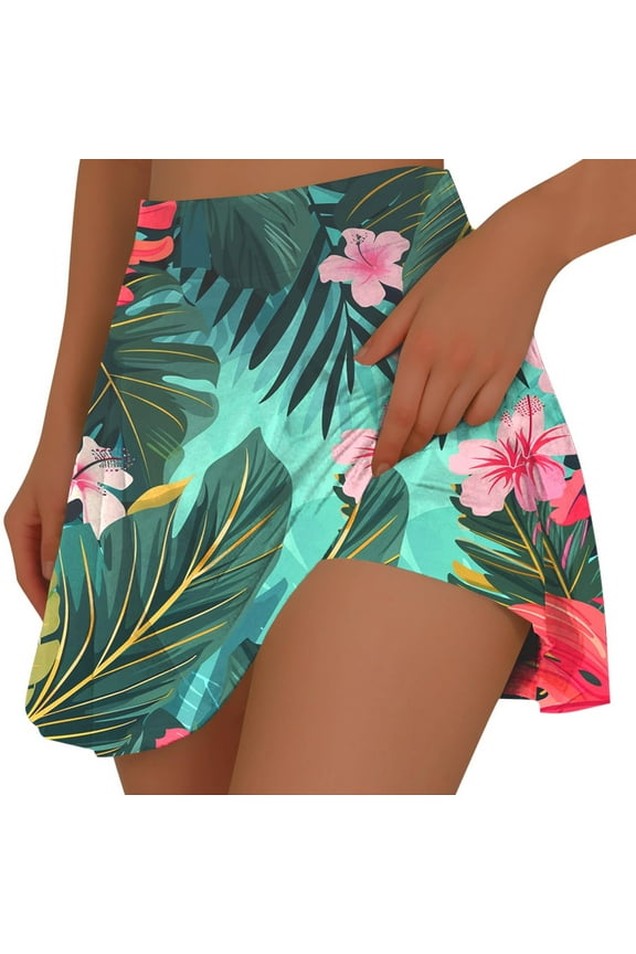 Women's Tennis Skirts High Waisted Tropical Print Athletic Skorts Lightweight Active Workout Yoga Skirt Fake Two Piece Skirt Workout Beach Shorts