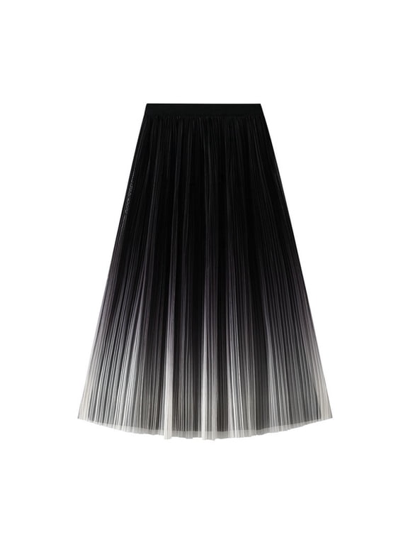 Women's Tennis Skirts Summer Elegant Flowing Skirt with Pleated Gradient Color Long Skirt Featuring Side Slit for Casual Wear Comfortable Stretchy Black One Size,One Size,Black