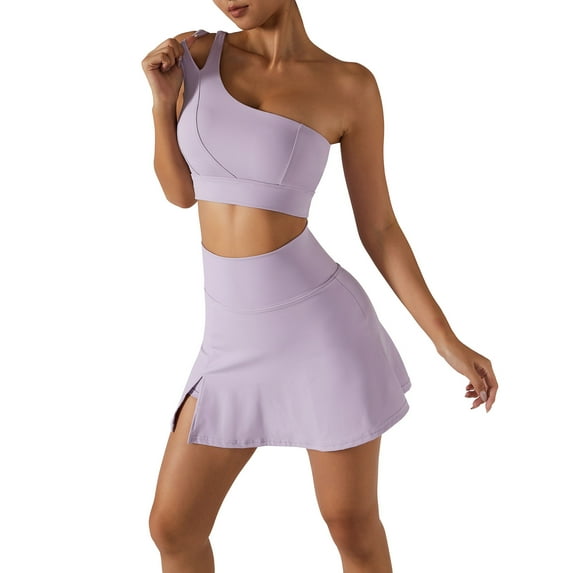 Women's Tennis Skirts Top Set Stretch High Waisted Golf Skorts Skirt One Shoulder Sports Bra Running Workout Activewear, 2 Piece L Lilac
