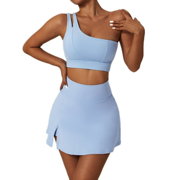 Women's Tennis Skirts Top Set Stretch High Waisted Golf Skorts Skirt One Shoulder Sports Bra Running Workout Activewear, 2 Piece M Blue