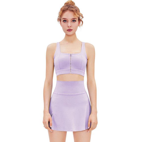 Women's Tennis Skirts Top Set Stretch High Waisted Golf Skorts Skirt One Shoulder Sports Bra Running Workout Activewear, 2 Piece S Lilac - Zipper Bra