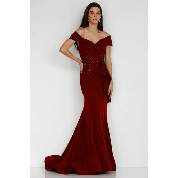 Women's Terani Couture 1911m9339 Long Stretch Bodycony Bodycon Mother Of Groom Dress | V-neck Mermaid evening elegant Gown Wine Burgundy 22