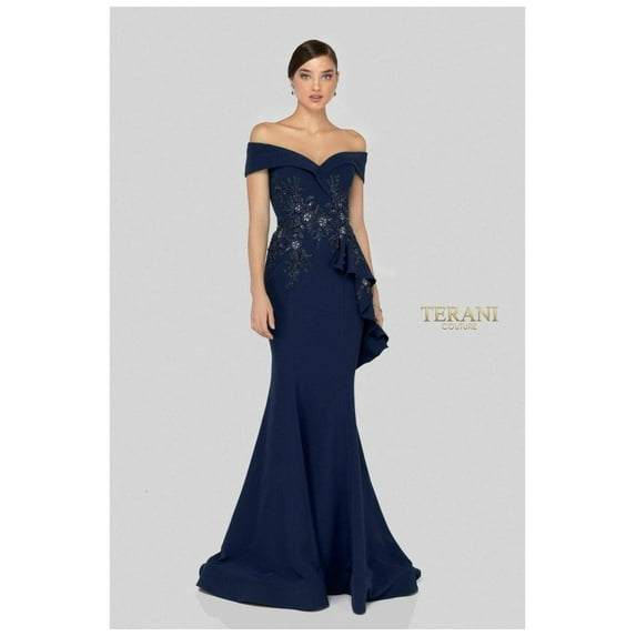 Women's Terani Couture 1911m9339 Long Stretch Bodycony Bodycon Mother Of Groom Dress | V-neck Mermaid evening elegant Gown Navy Blue 4