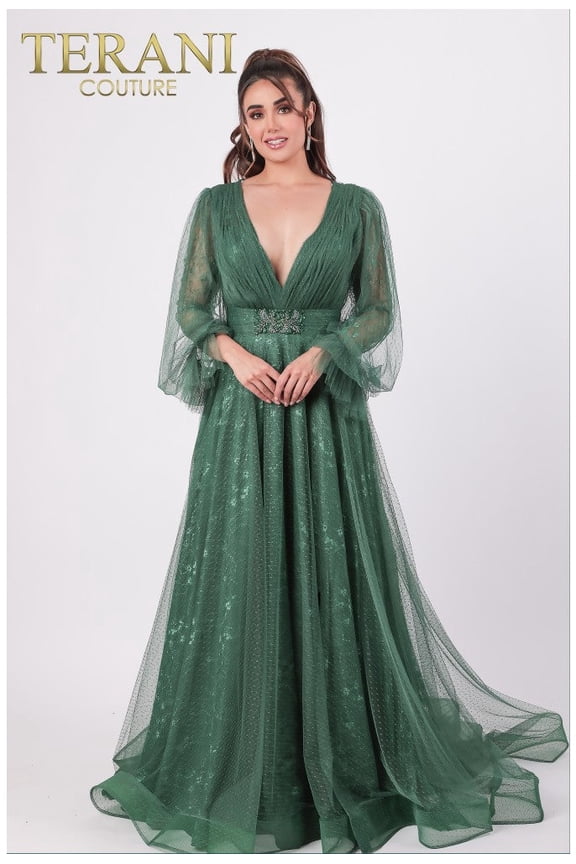 Women's Terani Couture 1913M9414 Long V-neck Formal Gown Mother Of Groom Emerald Green 10