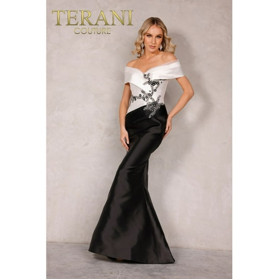 Women's Terani Couture 2011M2159 Elegant Two-Tone Mikado Off-Shoulder Mother Of Groom Dress Ivory Black 4