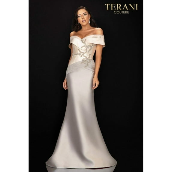 Women's Terani Couture 2011M2159 Elegant Two-Tone Mikado Off-Shoulder Mother of the Bride Dress Champagne Goldish Beige Taupe 6