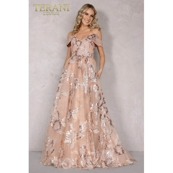 Women's Terani Couture 2111P4104 Floral Embellished Long Ball Gown Prom 2026 Dress Rose Pink 14