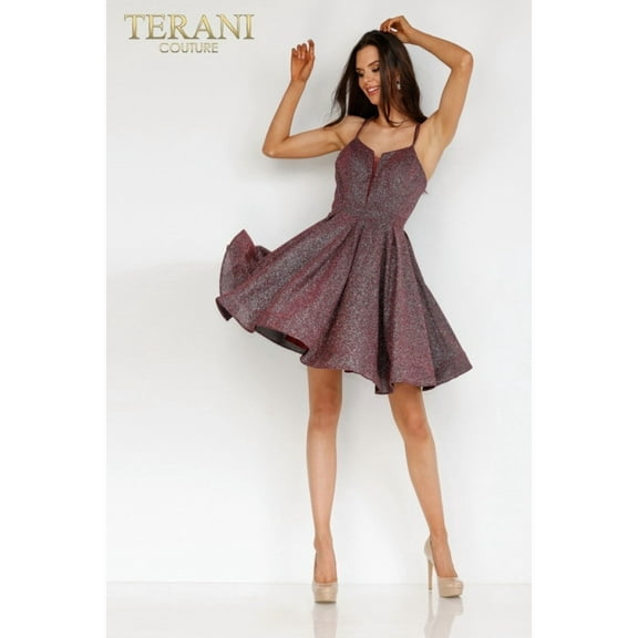 Women's Terani Couture 2225H0457 Glitter Short Cocktail Dress Prom 2026 & homecoming party Wine Burgundy 0 hoco 2025