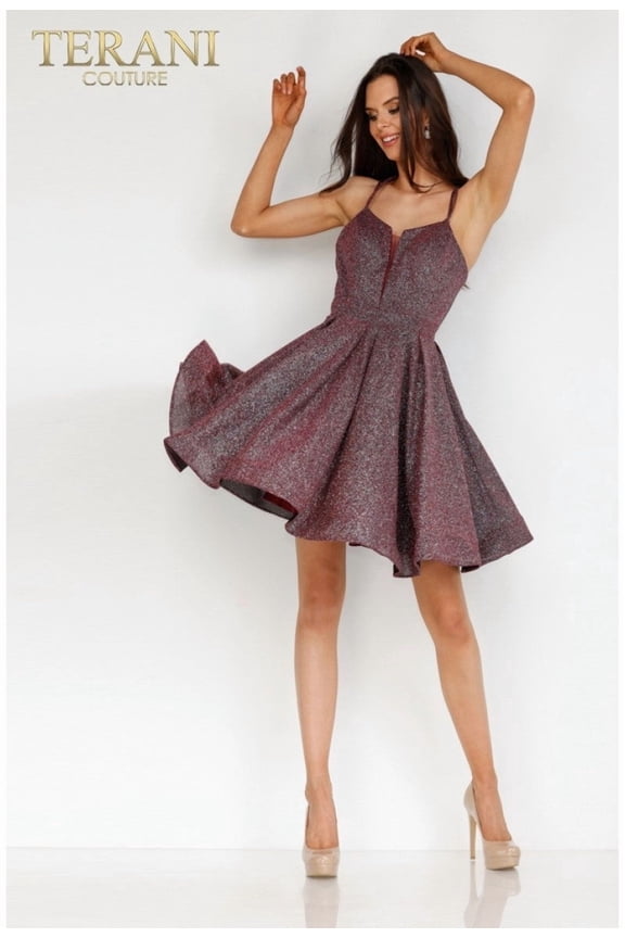 Women's Terani Couture 2225H0457 Glitter Short Cocktail Dress Prom 2026 & homecoming party Wine Burgundy 12 hoco 2025