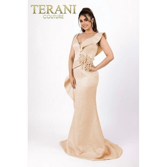 Women's Terani Couture 232E1297 Ruffled Mermaid Gown Elegant Long Formal Prom 2026 Dress Light Gold 16