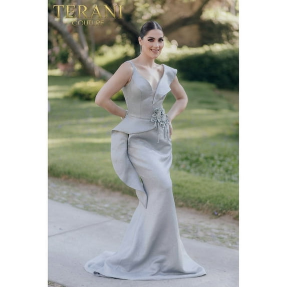 Women's Terani Couture 232E1297 Ruffled Mermaid Gown Elegant Long Formal Prom 2026 Dress Silver 0