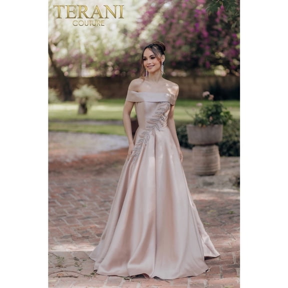 Women's Terani Couture 232M1512 Pleated Long Ball Gown Prom 2026 & Formal Events Almond 8