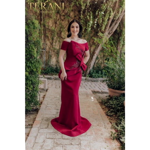 Women's Terani Couture 232M1561 Beaded Mermaid Long Prom 2026 Gown Wine Burgundy 10