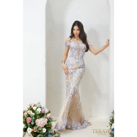 Women's Terani Couture 232gl1493 Trumpet Off Shoulder Tulle Creamevening elegant Dress Cream-nude 16