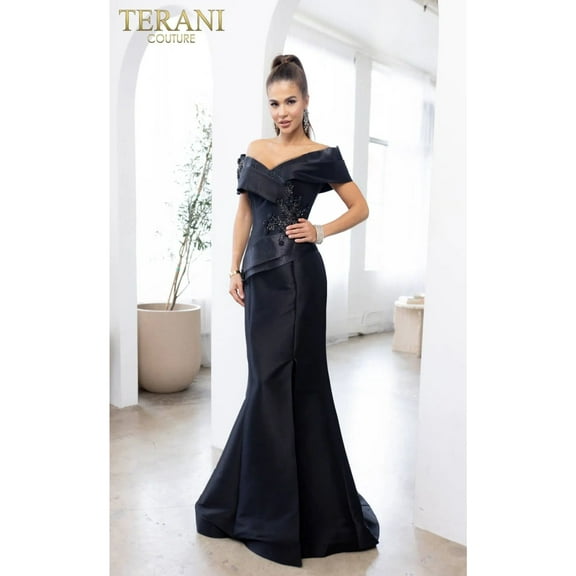 Women's Terani Couture 232m1530 Pleated Neckline Off Shoulder Thigh Slit Long Formal Dress Black 24