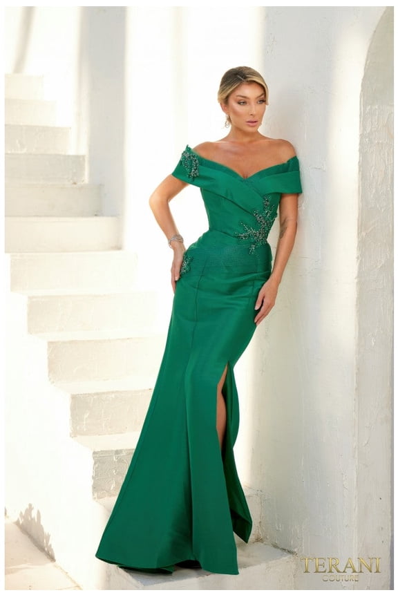Women's Terani Couture 232m1530 Pleated Neckline Off Shoulder Thigh Slit Long Formal Dress Emerald Green 8