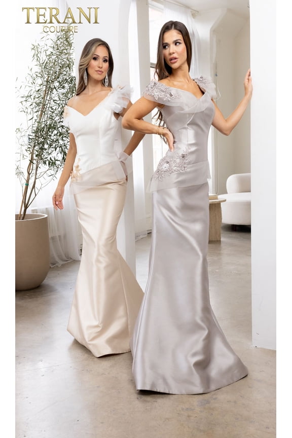 Women's Terani Couture 241E2478 One Shoulder Trumpet Long Formal evening elegant Gown Taupe 16