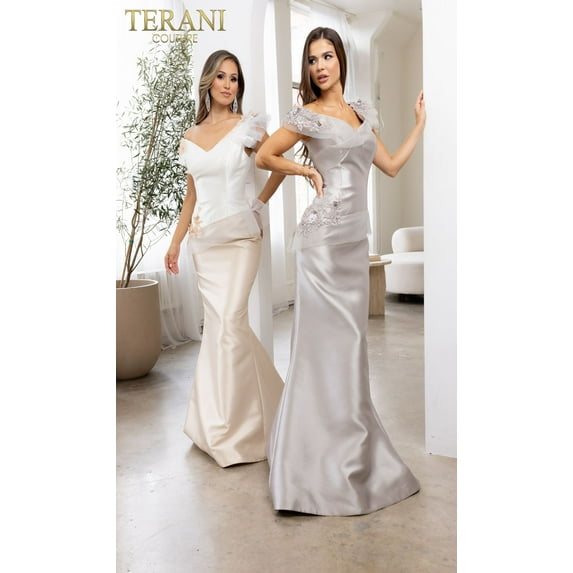 Women's Terani Couture 241E2478 One Shoulder Trumpet Long Formal evening elegant Gown Taupe 22