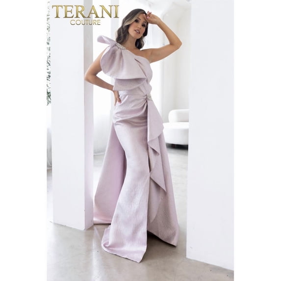 Women's Terani Couture 241E2515 Ruffled Long Formal evening elegant Gown Rose Pink Gold 14