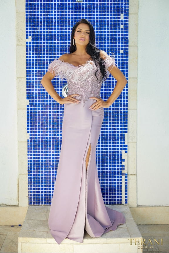 Women's Terani Couture 241e2490 Trumpet Off Shoulder Sparkly Column evening elegant Dress Mauve 10