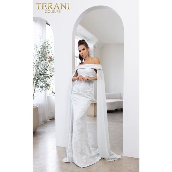 Women's Terani Couture 241m2721 Off Shoulder Jacquard Silver Column evening elegant Dress 20
