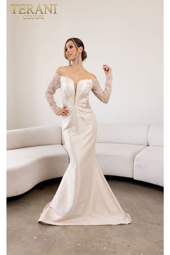 Women's Terani Couture 241m2734 Long Sleeves Trumpet Off Shoulder Column evening elegant Dress Champagne Goldish Beige18 Champagne Goldish Beige Nude