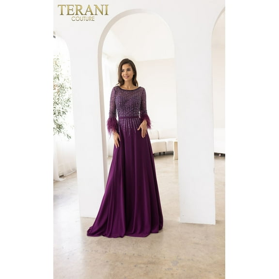 Women's Terani Couture 241m2738 Sheath 3 4 Sleeves Chiffon Column evening elegant Dress Eggplant