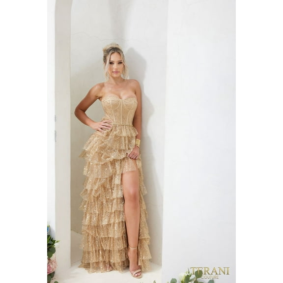 Women's Terani Couture 241p2179 Strapless Column Prom 2026 Gown Gold 14