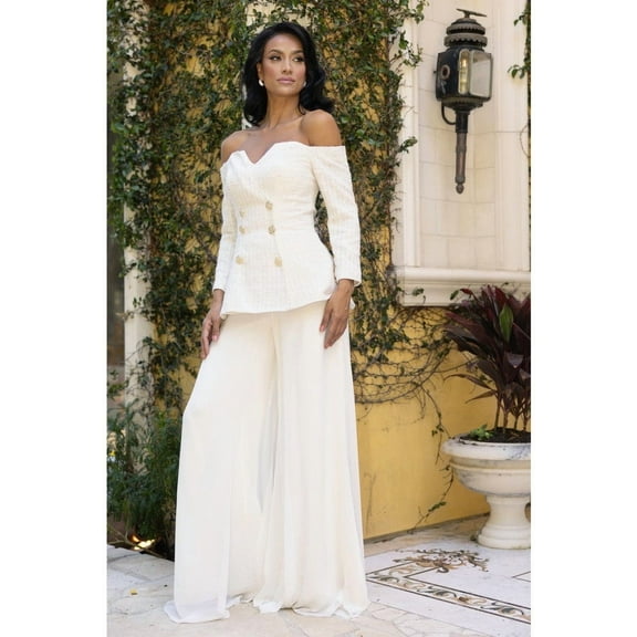 Women's Terani Couture 242E3185 Metallic Lace Long Formal Pants Suit Ivory 12