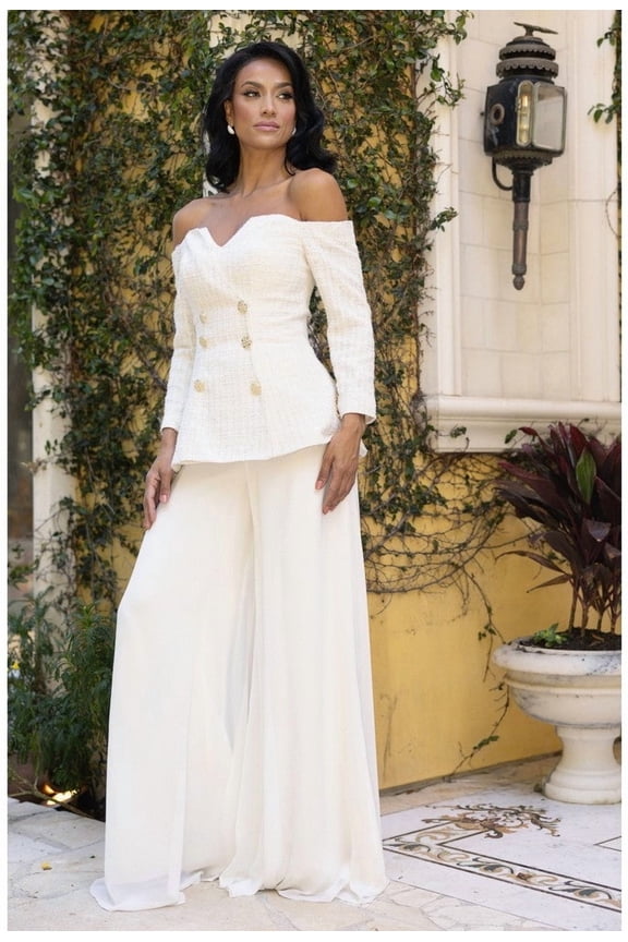 Women's Terani Couture 242E3185 Metallic Lace Long Formal Pants Suit Ivory 8