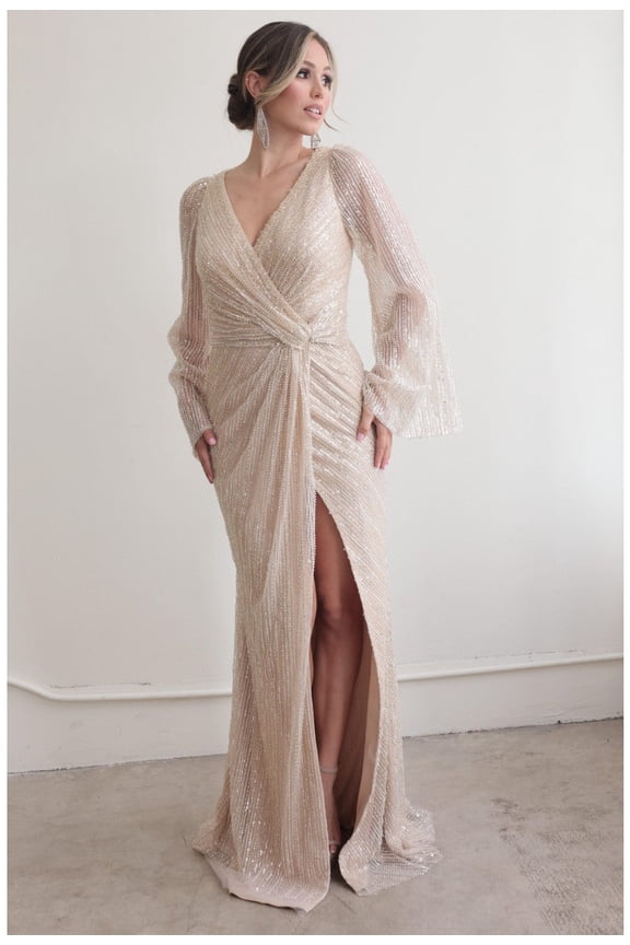 Women's Terani Couture 242M3360 Long Sequin evening elegant Gown with Sleeves Mother Of Groom Champagne Goldish Beige 18