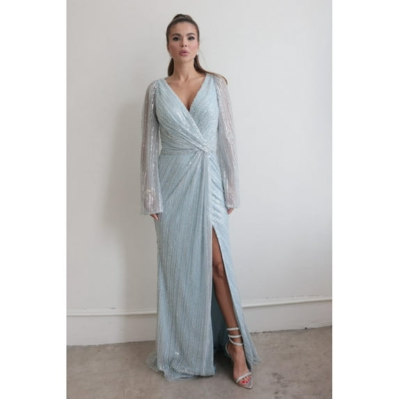 Women's Terani Couture 242M3360 Long Sequin evening elegant Gown with Sleeves Mother Of Groom Powder Blue 18