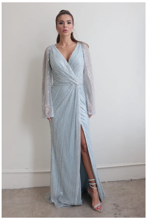 Women's Terani Couture 242M3360 Long Sequin evening elegant Gown with Sleeves Mother Of Groom Powder Blue 8