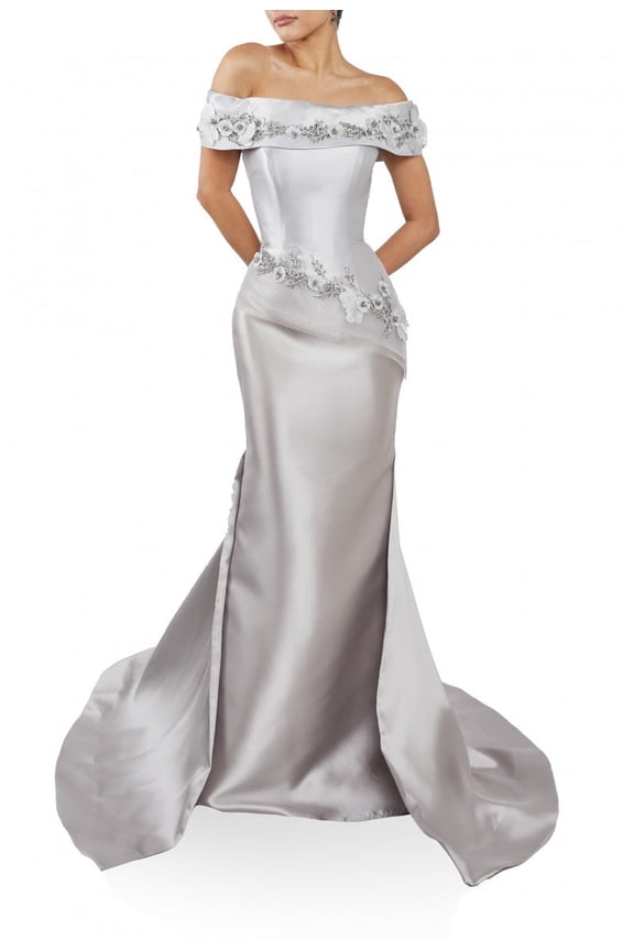 Women's Terani Couture 242m3356 Mikado Off Shoulder Long Trumpet Dress Silver Taupe 22